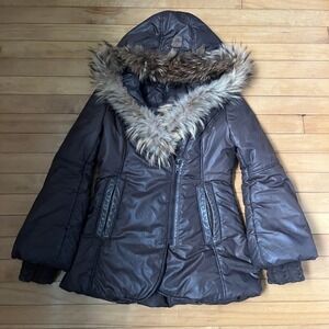 Mackage Brown Hooded Puffer Jacket Fox Fur Trim Knit Cuffs Size Small Womens